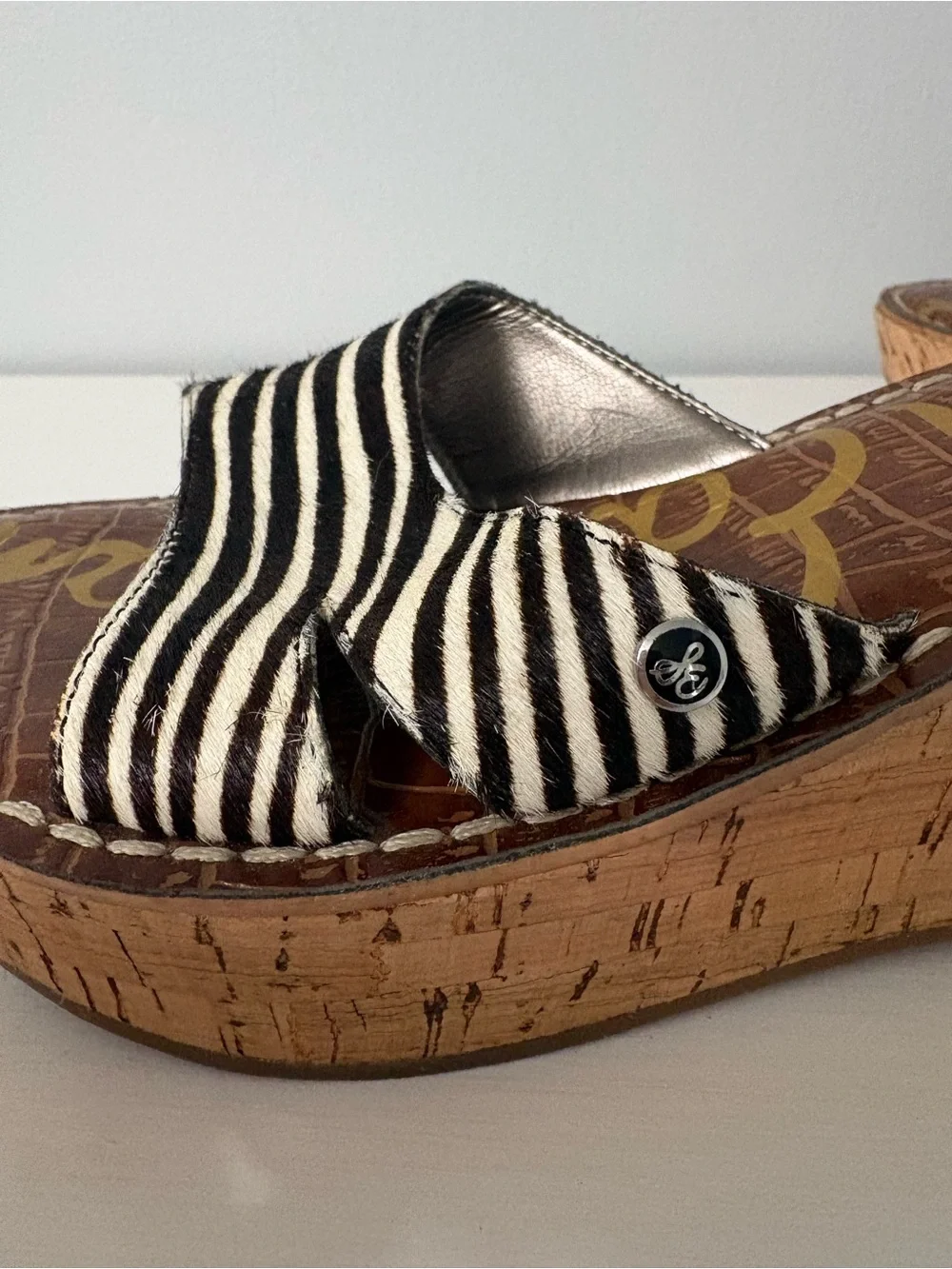Sam Edelman Reid Zebra Print Calf Hair Cork Platform Wedge Slide Sandals 6.5M